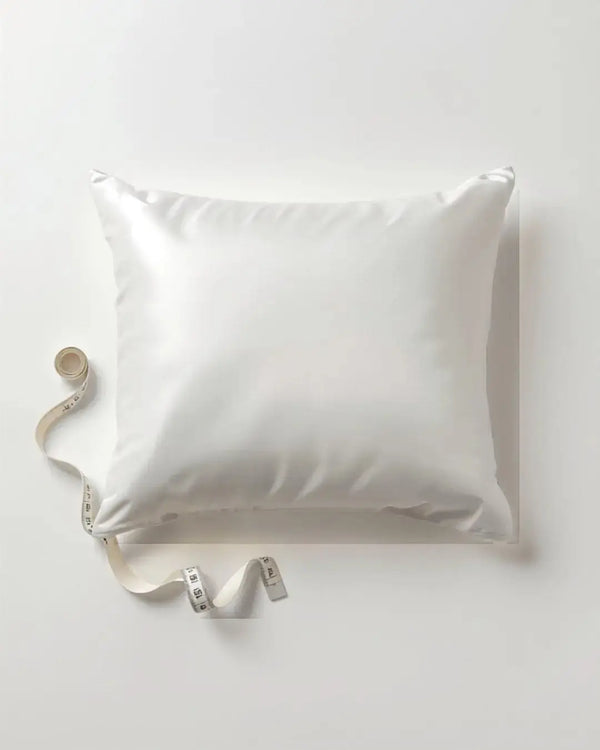 Silk pillowcase laid flat showing dimensions - UK vs USA sizing guide for standard queen and king silk pillowcases