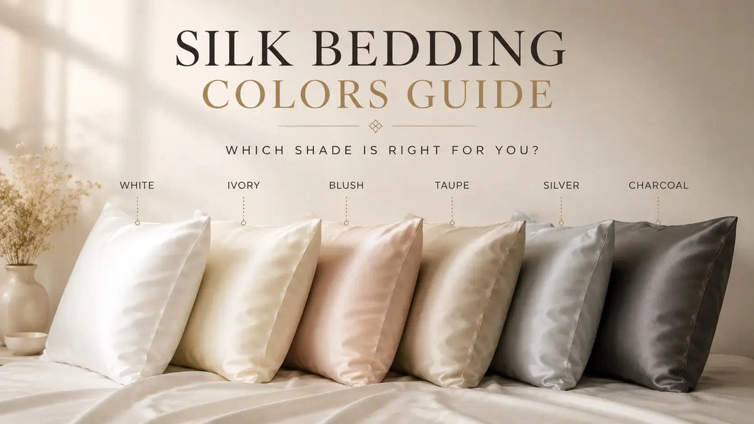 Lunelle mulberry silk pillowcases in multiple colours fanned out on a bed - guide to choosing the right silk bedding colour for your bedroom