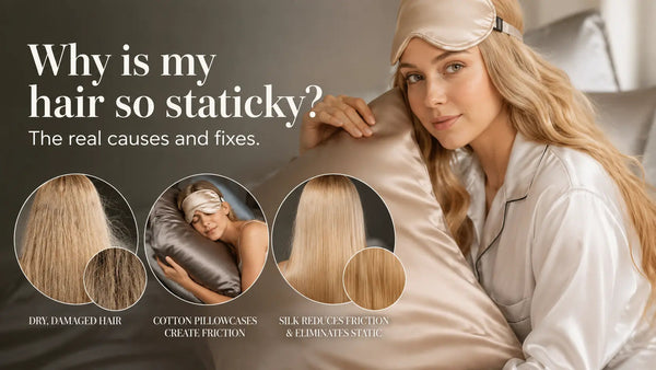 Static flyaway hair standing on end from friction - causes of hair static electricity and how switching to a Lunelle silk pillowcase reduces frizz