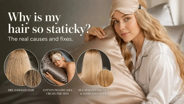 Static flyaway hair standing on end from friction - causes of hair static electricity and how switching to a Lunelle silk pillowcase reduces frizz
