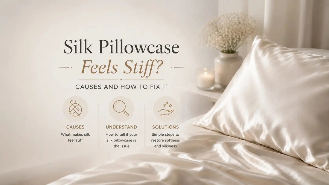 Stiff silk pillowcase texture showing mineral build-up close-up - why silk pillowcases go stiff after washing and how to restore their softness