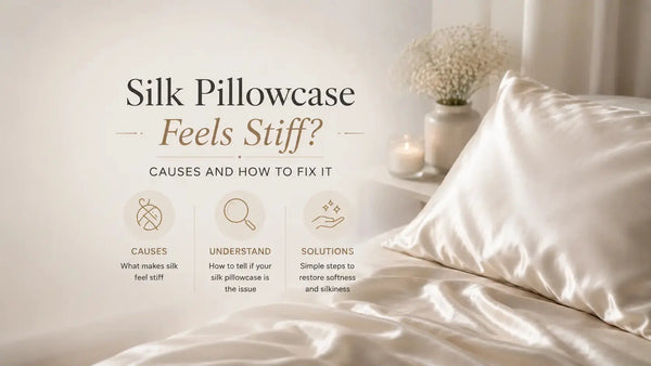 Stiff silk pillowcase texture showing mineral build-up close-up - why silk pillowcases go stiff after washing and how to restore their softness