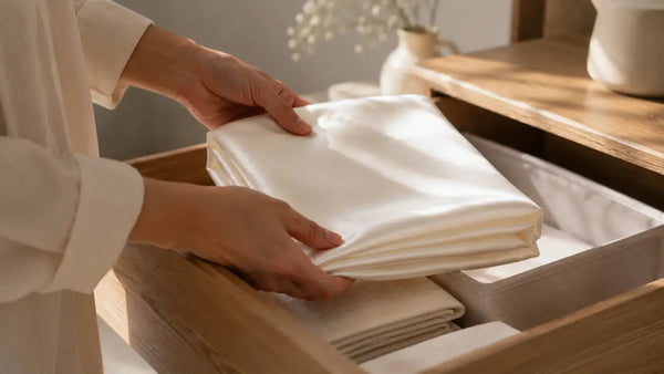 Silk pillowcase neatly folded in a breathable fabric storage bag - how to store silk correctly to prevent yellowing creasing and long-term damage