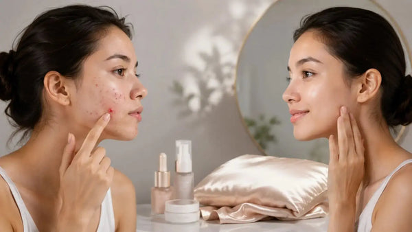 Close-up of skin showing a blemish - the difference between a zit and a pimple and how a silk pillowcase reduces bacterial contact with skin overnight