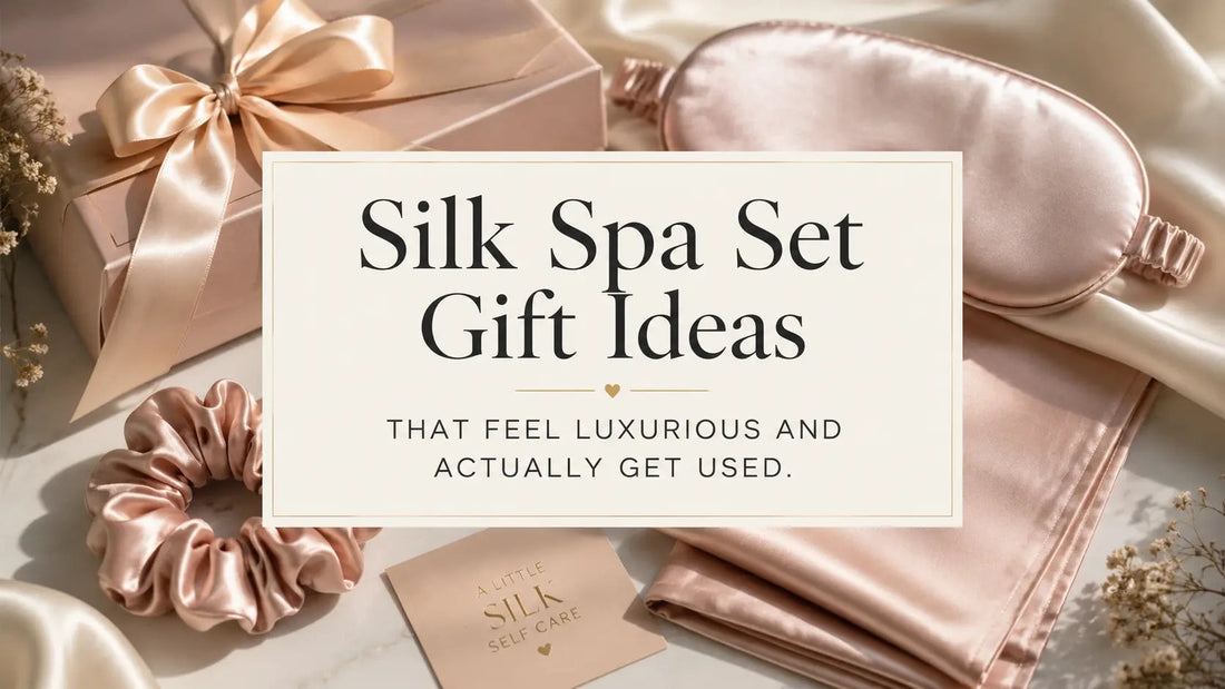 Luxury silk spa gift set with eye mask scrunchies and pillowcase laid out - silk spa gift ideas that feel indulgent and get used every day