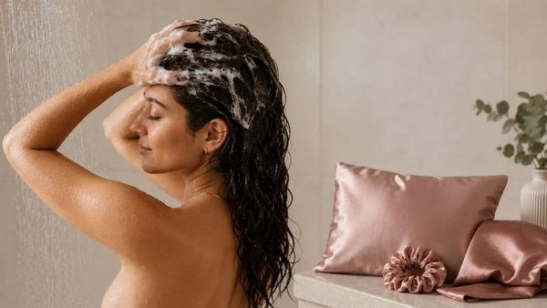 Woman washing her hair in the shower - evidence-based guide to how often you should wash your hair for optimal hair growth and scalp health