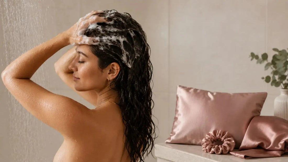 Woman washing her hair in the shower - evidence-based guide to how often you should wash your hair for optimal hair growth and scalp health