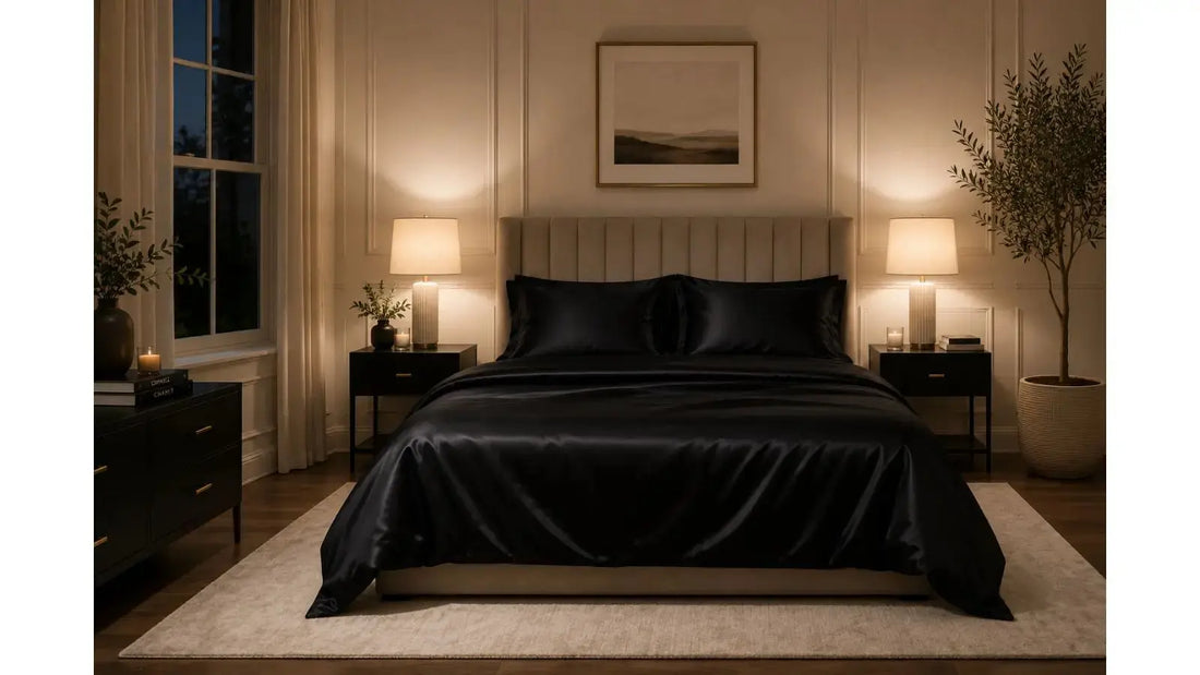 Lunelle black mulberry silk pillowcase on a dark bedroom setting - do black silk pillowcases give the same hair and skin benefits as lighter colours