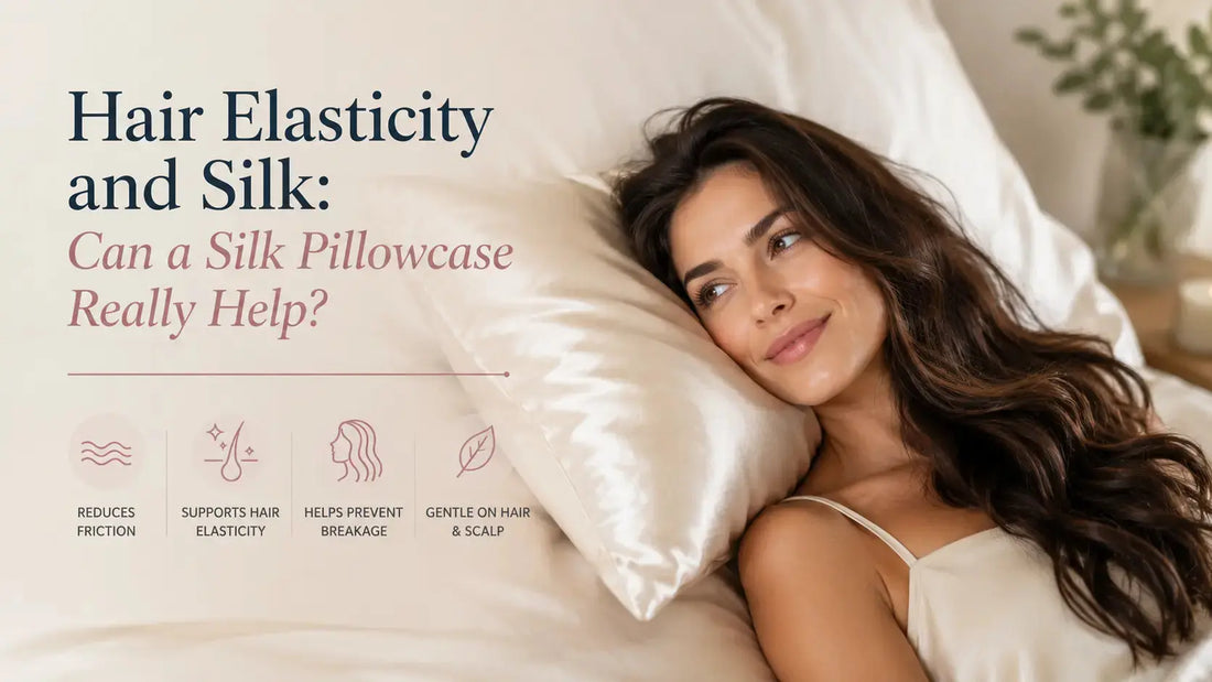 Woman gently stretching a strand of hair to test elasticity - can a Lunelle silk pillowcase improve hair elasticity and reduce overnight breakage