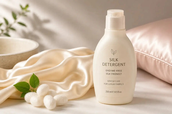 Silk care essentials laid out including gentle detergent mesh bag and soft towel - complete kit for washing and maintaining silk pillowcases at home