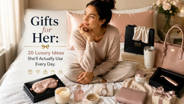 Curated luxury gift ideas for women including a Lunelle silk pillowcase - 20 thoughtful gifts for her that she will actually use every day