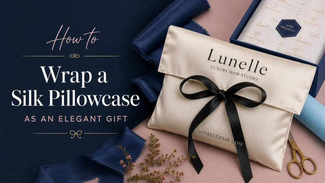 Beautifully wrapped silk gift with tissue paper and satin ribbon bow - elegant gift wrapping ideas for a luxury silk pillowcase or silk gift set