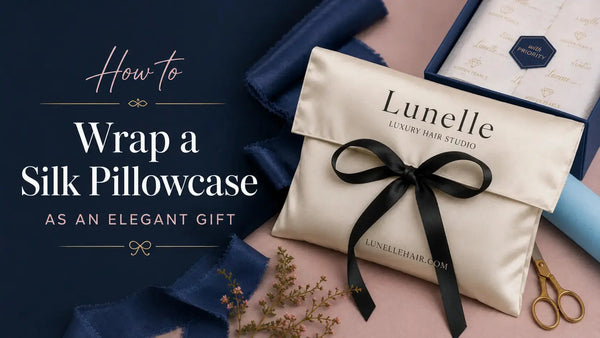 Beautifully wrapped silk gift with tissue paper and satin ribbon bow - elegant gift wrapping ideas for a luxury silk pillowcase or silk gift set