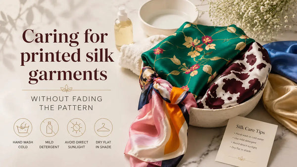 Printed silk garment being gently hand laundered in cool water - how to care for printed silk garments without fading or damaging the pattern
