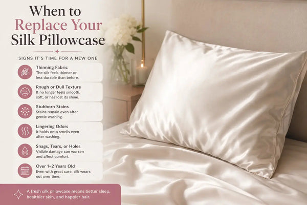 Worn silk pillowcase showing signs of pilling and reduced sheen - when to replace your silk pillowcase and the warning signs that it is past its best