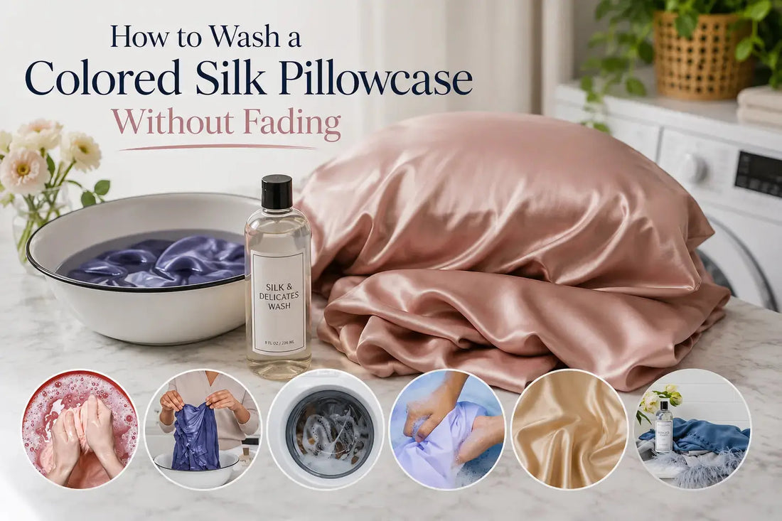 Vibrant coloured silk pillowcase submerged in a gentle cold water wash - how to wash a coloured silk pillowcase without fading or colour bleed