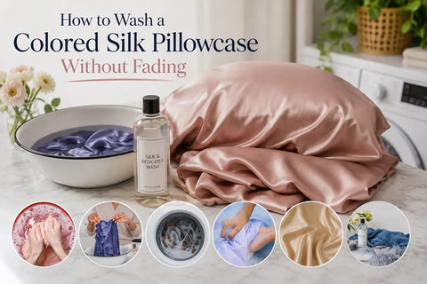Vibrant coloured silk pillowcase submerged in a gentle cold water wash - how to wash a coloured silk pillowcase without fading or colour bleed