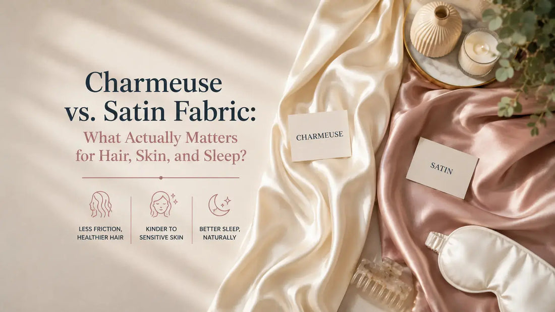Charmeuse and satin fabric swatches compared side by side - what the difference means for hair, skin and sleep quality