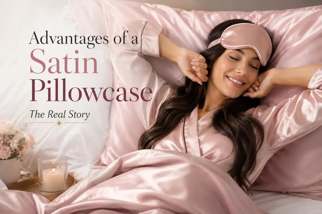 Satin pillowcase on a bed in soft lighting - real story on the advantages and limitations of satin pillowcases versus mulberry silk for hair and skin