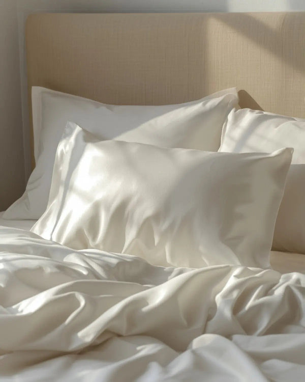 Lunelle mulberry silk pillowcase on white bedding - are cheap silk pillowcases worth buying versus Grade 6A quality mulberry silk