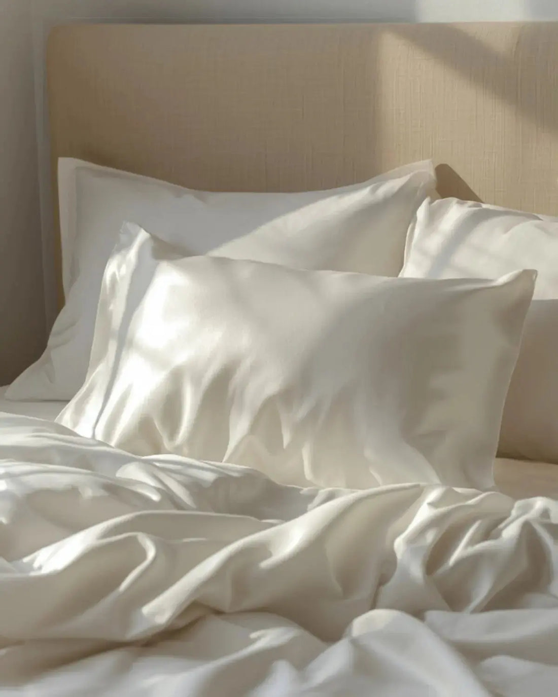 Lunelle mulberry silk pillowcase on white bedding - are cheap silk pillowcases worth buying versus Grade 6A quality mulberry silk