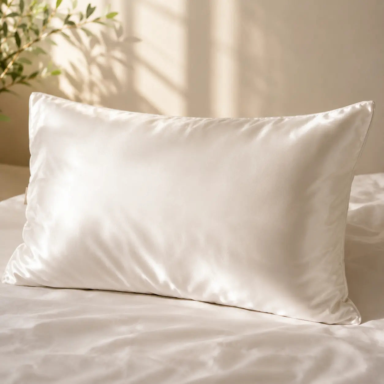 Lunelle white 30 momme mulberry silk pillowcase on a bed in a serene bedroom setting