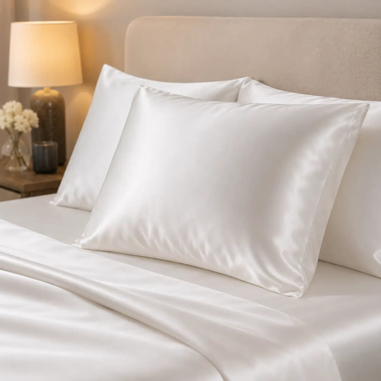 Close-up of Lunelle white 22 momme mulberry silk pillowcase showing smooth texture and natural sheen