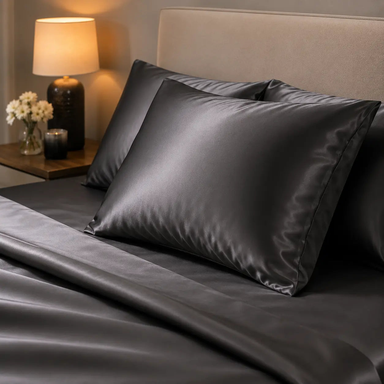 Lunelle dark grey 22 momme mulberry silk pillowcase pair in a styled bedroom setting